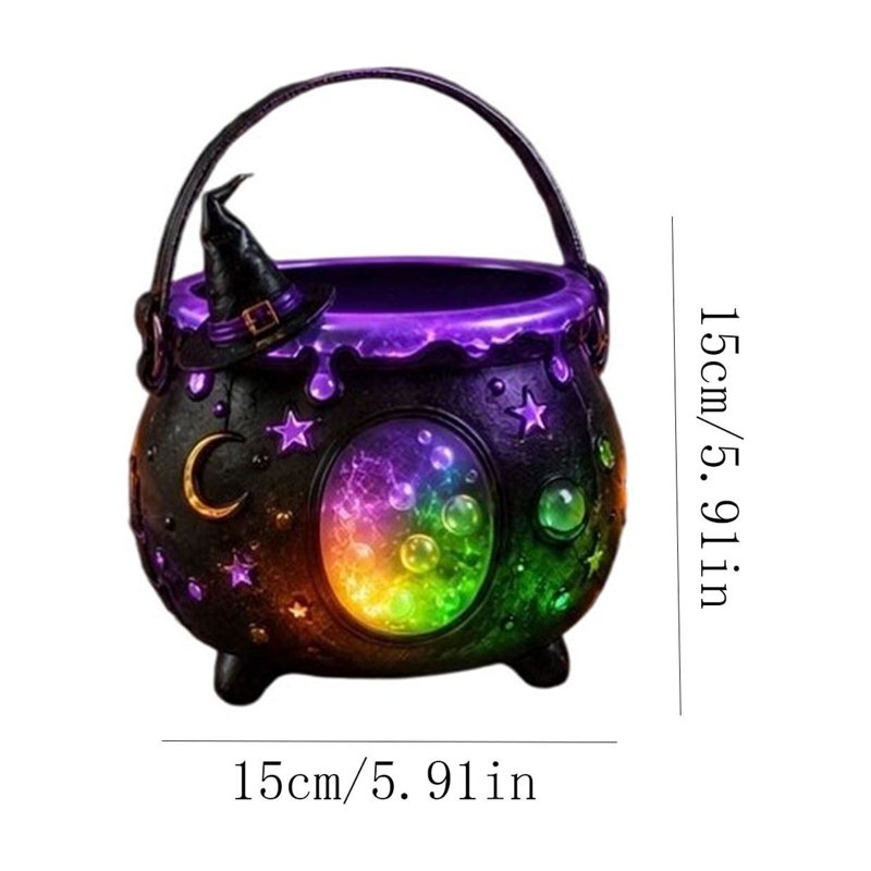 Halloween Witch Cauldron Candy Bowl - Light Up Resin Pot with Purple Starry Sky & LED Glow - Variation #031