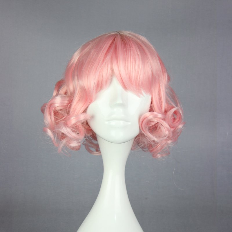 12" Pink Curly Human Hair Wig for Women with Adjustable Cap
