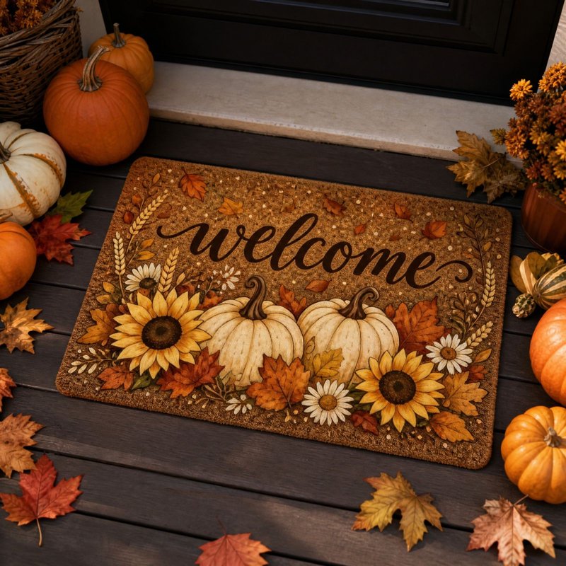 Thanksgiving Doormat with Pumpkin & Sunflowers - Seasonal Front Door Mat, Non-Slip Indoor Outdoor Welcome Rug, 15.8 x 23.6 Inches (A-a)