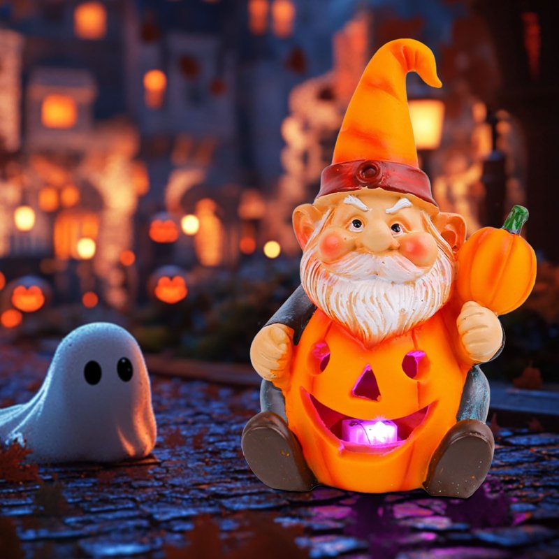 Luminous Pumpkin Gnome Ornament - Resin Halloween Garden Statue #354C
