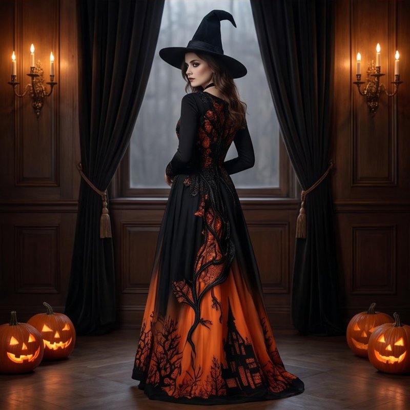 Women's Halloween Gothic Tree Thorn Pattern Lace Maxi Dress - Orange, L