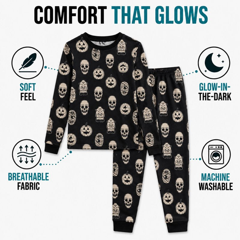 Halloween Boys Pajama Set - Glow-in-the-Dark Skeleton & Pumpkin 2T-12 - Black Skeleton 3T