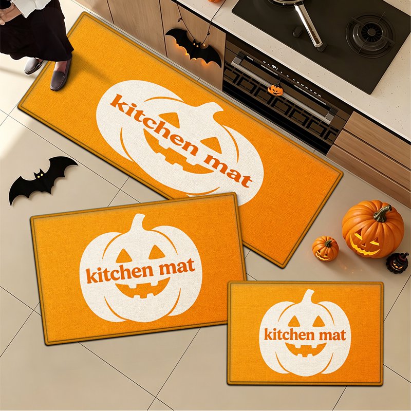 Halloween Orange Pumpkin Flannel Kitchen & Bathroom Rug Set - Non-Slip, 15.7x23.6 Inches