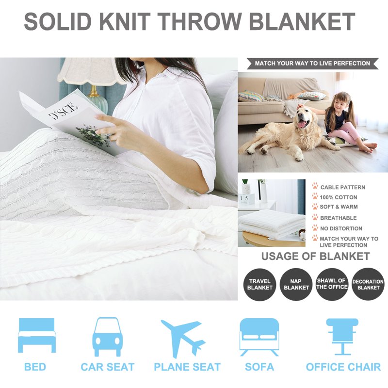 Cotton Cable Knit Throw Blanket - White 51 x 59 Inches