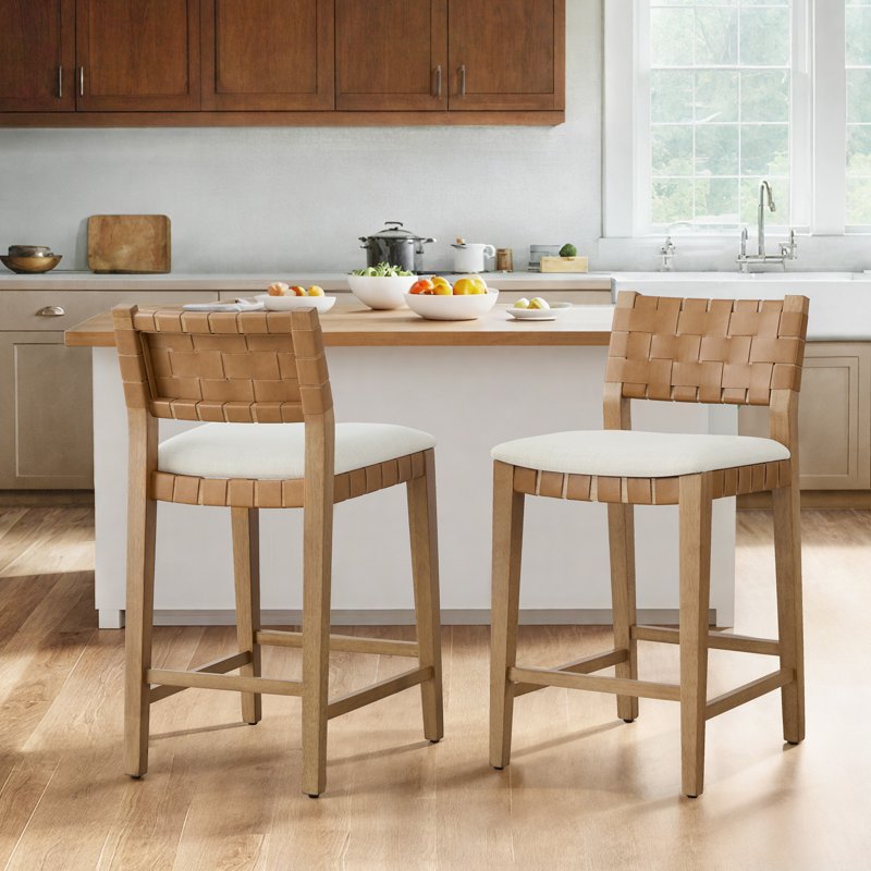 26-Inch Solid Wood Counter Stool Set of 2 with Woven Back - Natural