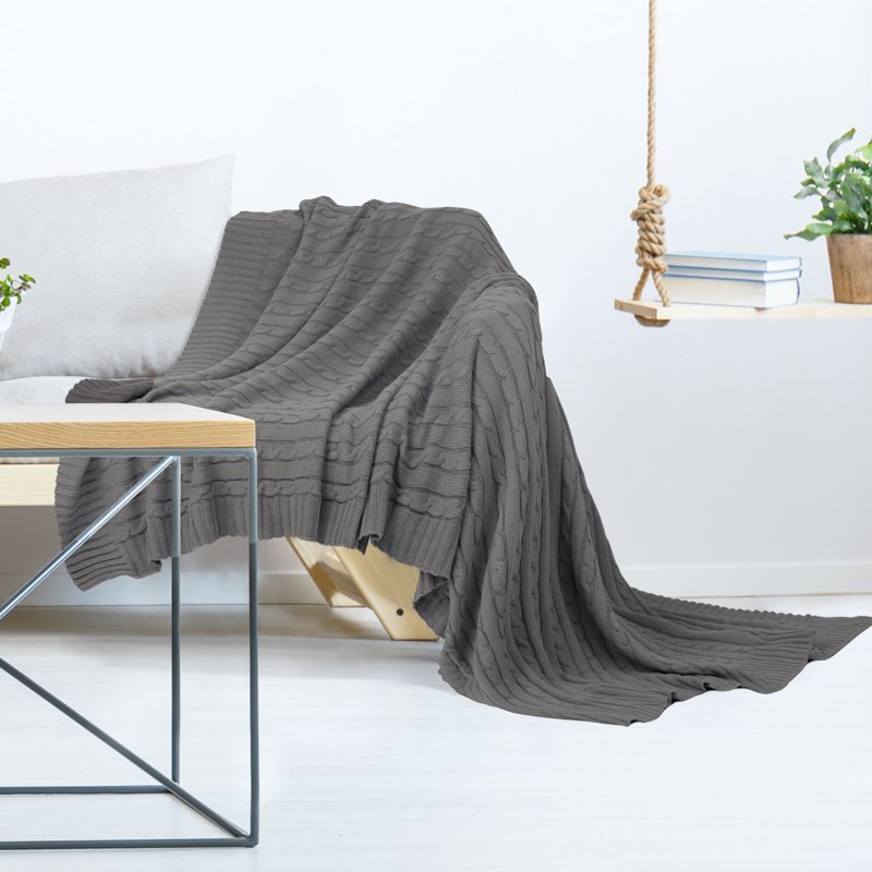 Cotton Cable Knit Throw Blanket 47x71 Inches - Nickel