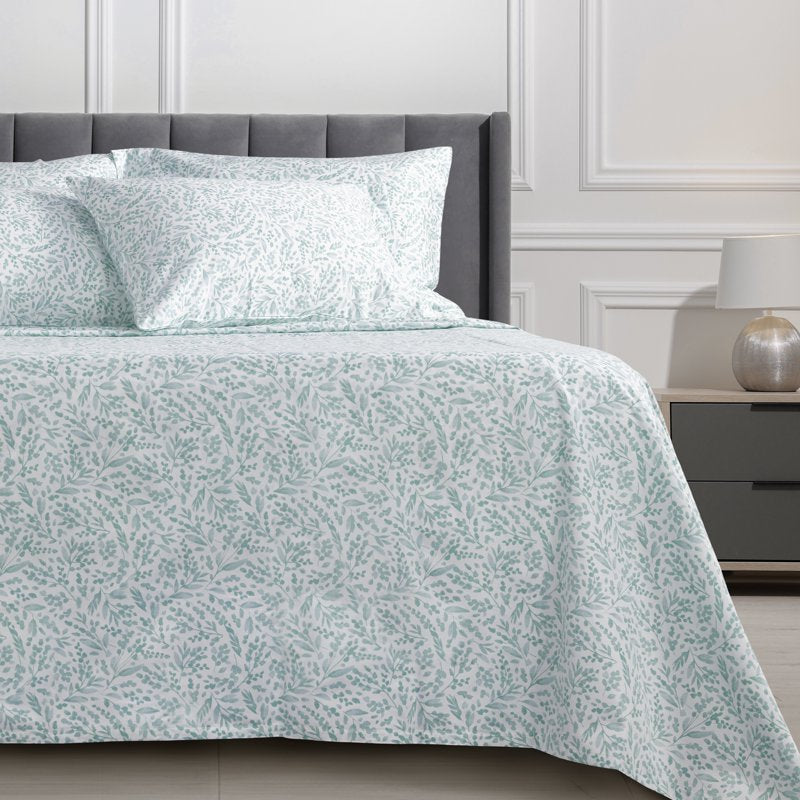 Full Size Bed Sheet Set - Misty Blue Botanical 6-Piece 800 Thread Count Cotton-Rich