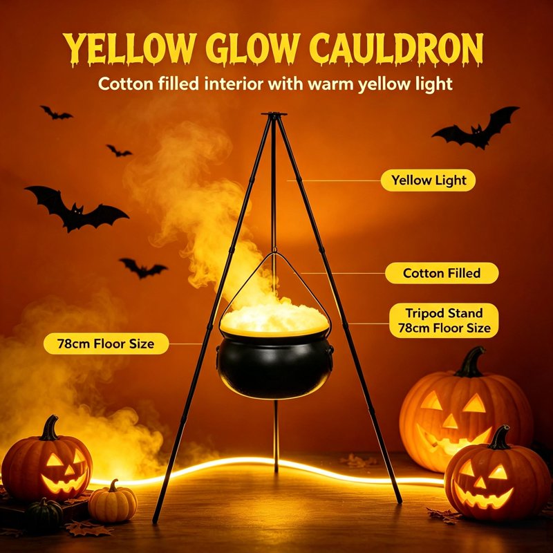 Halloween Outdoor Decor Witch Cauldron with Tripod & Timer Lights - Beige 30.4 x 7.8 inches