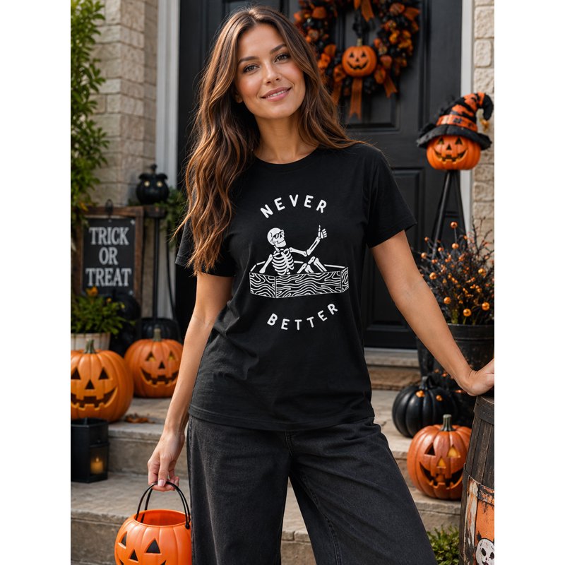 Women’s Halloween Skeleton Graphic T-Shirt with 'Never Better' Text - Black, Large