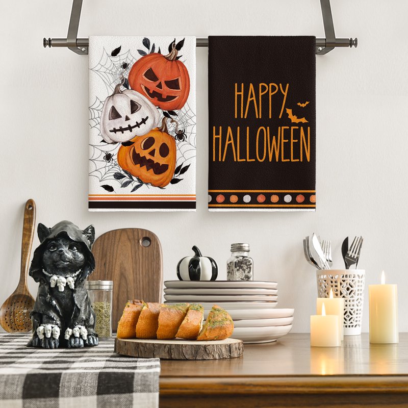 Halloween Spider Web Jack-O'-Lantern Kitchen Dish Towels Set of 2 - 18x26 F Variation