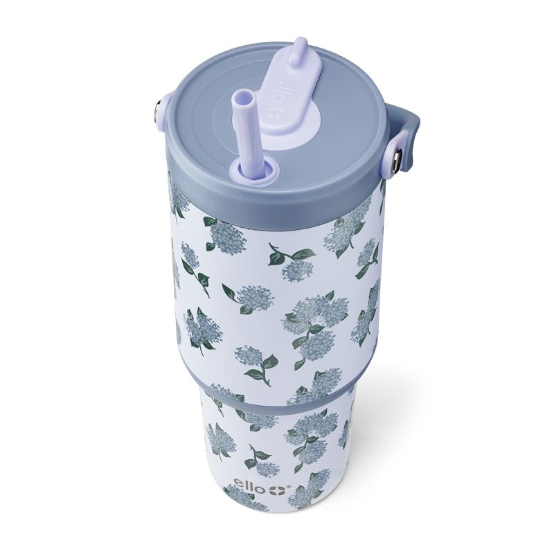 30oz Stainless Steel Tumbler with Top Handle & Straw - Hydrangea Blooms