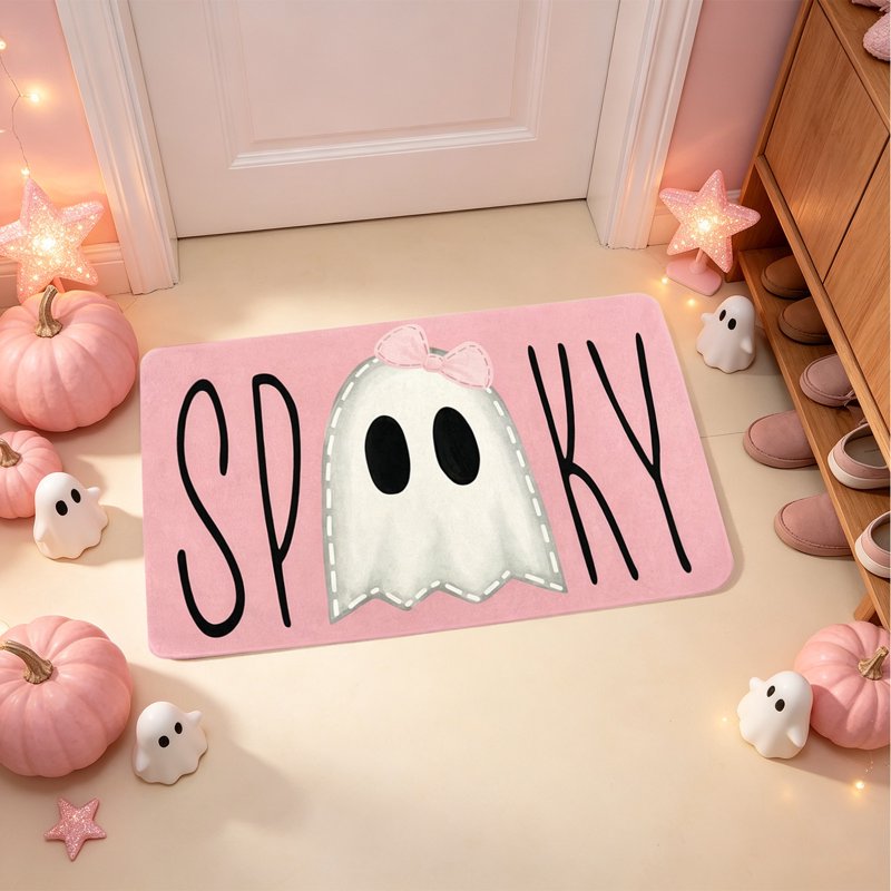 Pink Ghost Halloween Doormat - Cute Rubber Backing Indoor Outdoor Entryway - Variation O