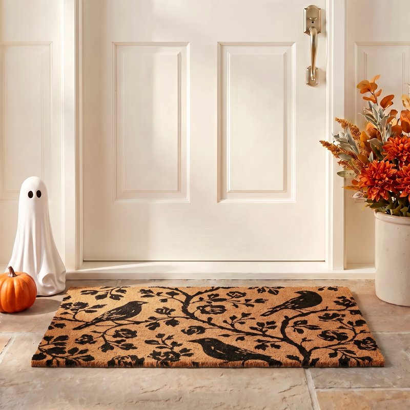 Outdoor Coir Doormat - Black Floral Bird Design, 18 x 30 Inches - Variation Under 2' x 3'