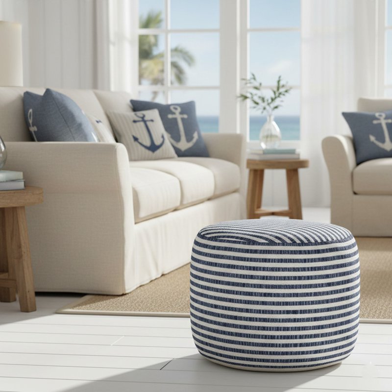 Navy/White Striped Indoor Pouf Ottoman 14x18 Inch - Small Round Footstool
