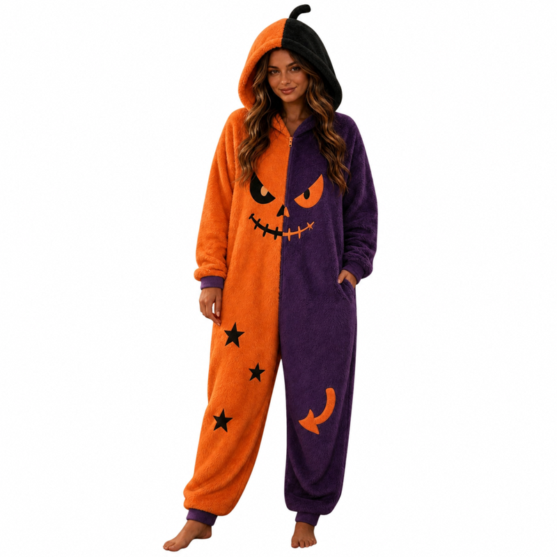 Adult Orange Hooded Onesie Jumpsuit with Pockets - Size L