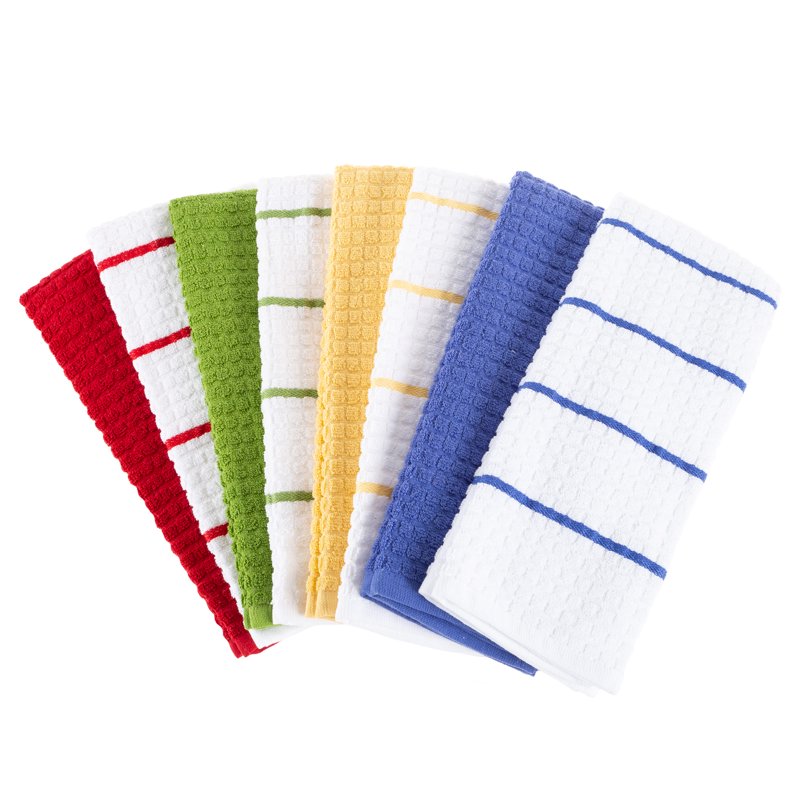 100% Cotton Kitchen Towels Set - 8 Pack Stripes & Solids 16”x28”