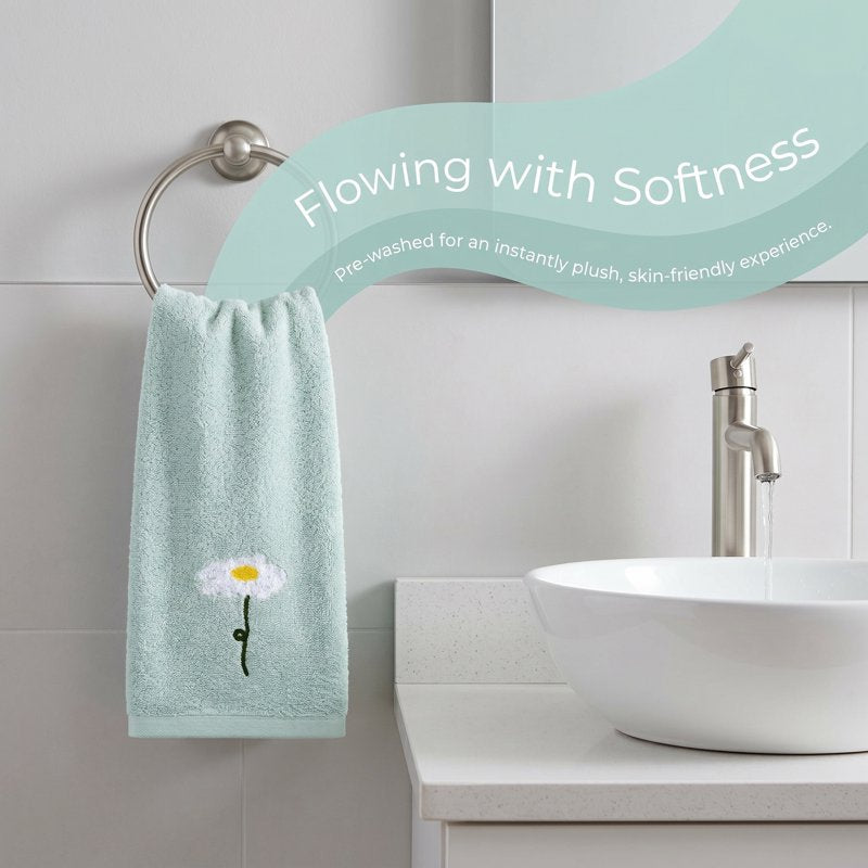 Blue Floral Cotton Hand Towels Set - Embroidered, Soft, Absorbent, 4-Piece, 13x30 Inches