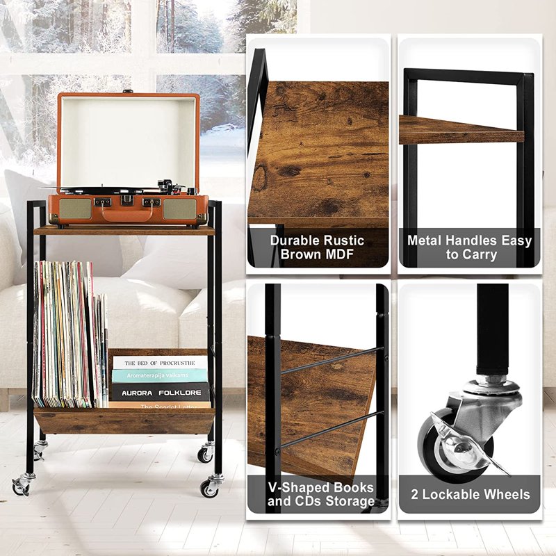 2 Tier Record Player Stand with Vinyl Storage Shelf