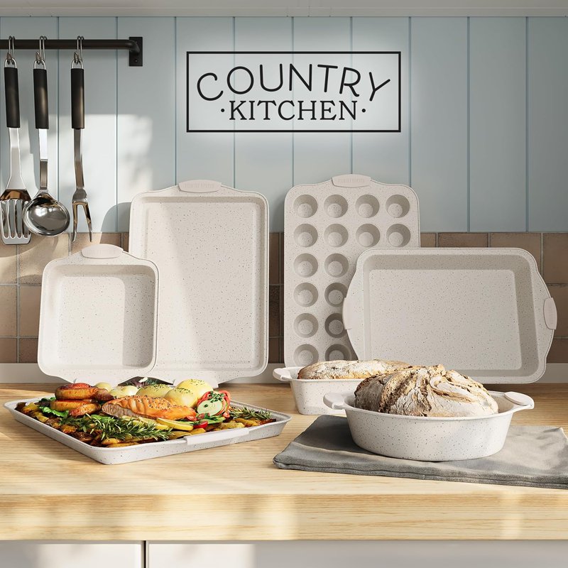 10-Piece Nonstick Bakeware Set - Stackable Design, Cream