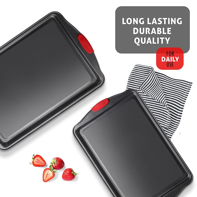 Non-Stick Carbon Steel Baking Sheet Set - 2 Large Pieces with Silicone Handles