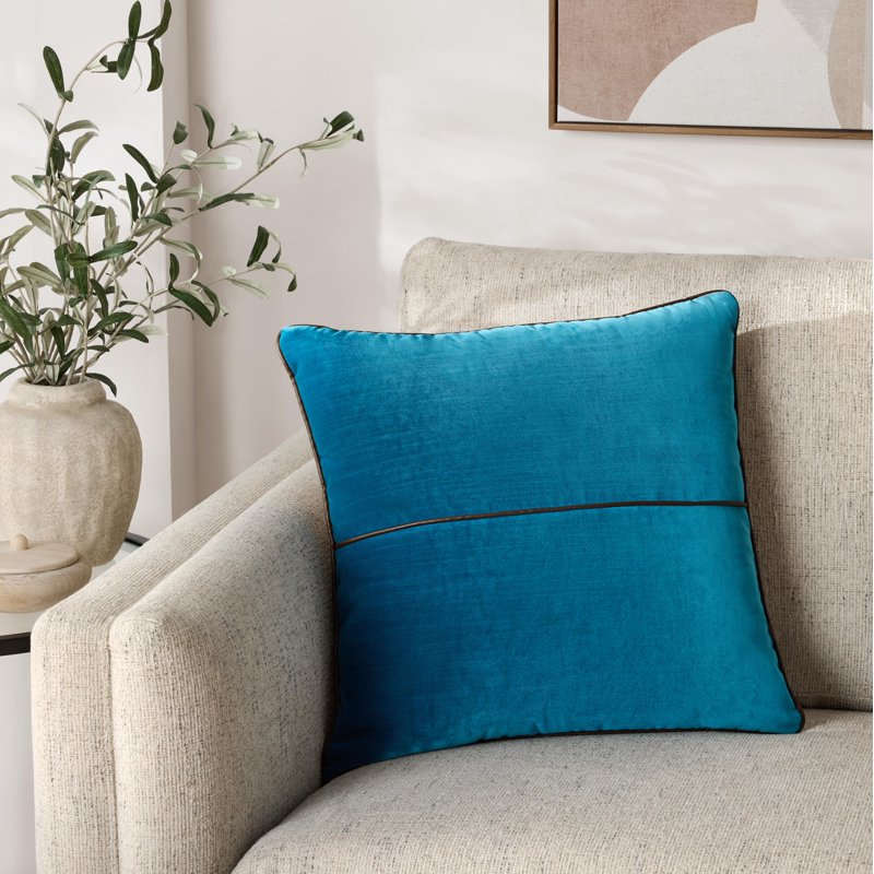 Corsair Velvet Decorative Pillow Cover - 18x18 Inches with Faux Leather Trim - Beige - Variation of THIS listing