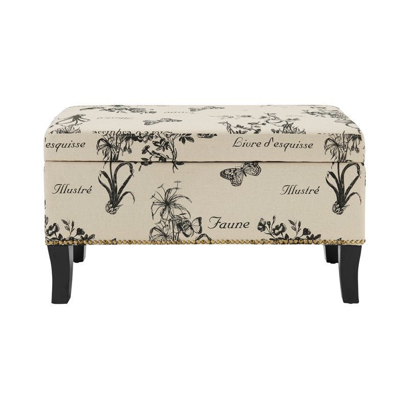Botanical Linen Ottoman with Storage - Black Finish