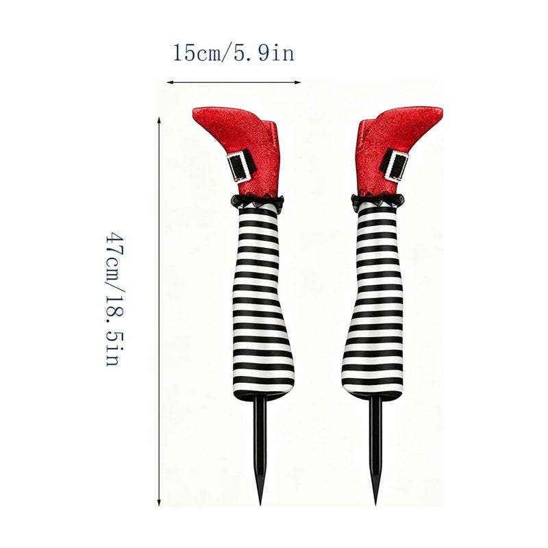 Halloween Witch Leg Yard Stakes with Glitter Shoes and Striped Stockings - White Variation