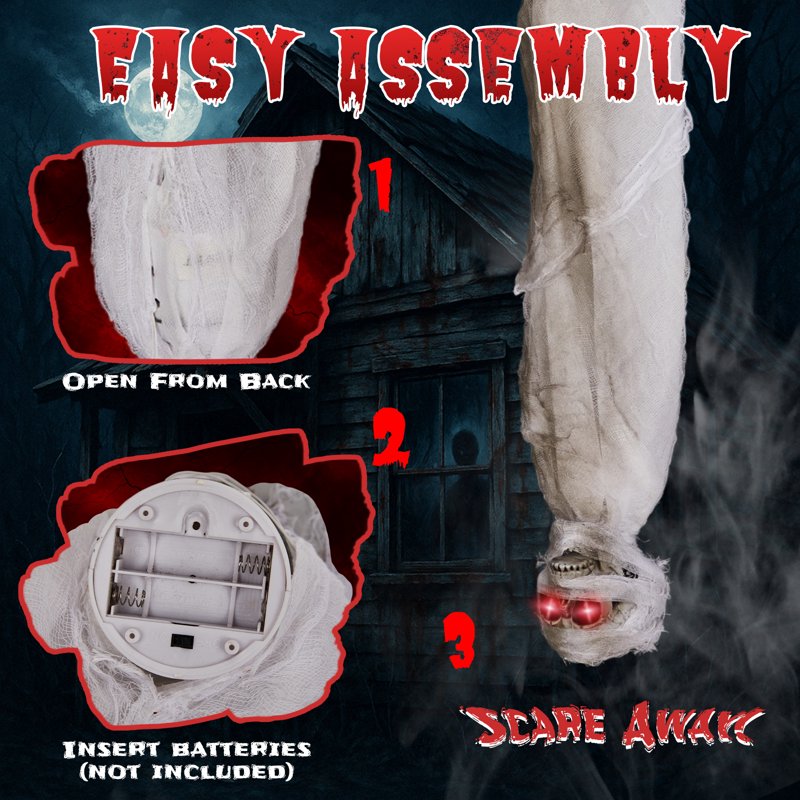 3ft Hanging Skeleton Halloween Decoration with Animatronic Screaming and LED Eyes