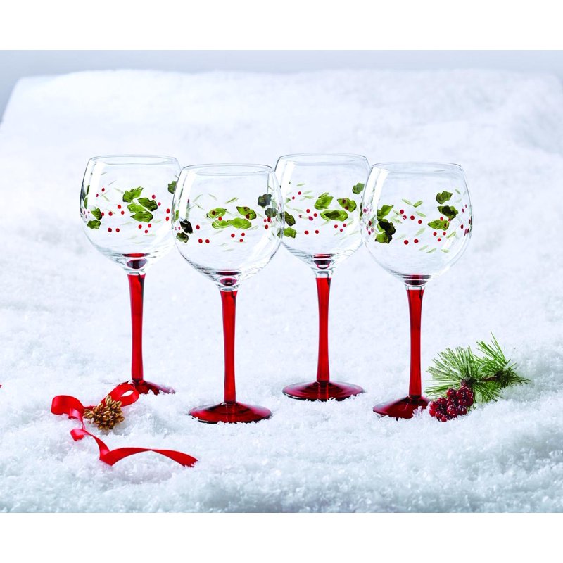 Handpainted Winterberry Wine Goblet Set - 13 oz, Set of 4
