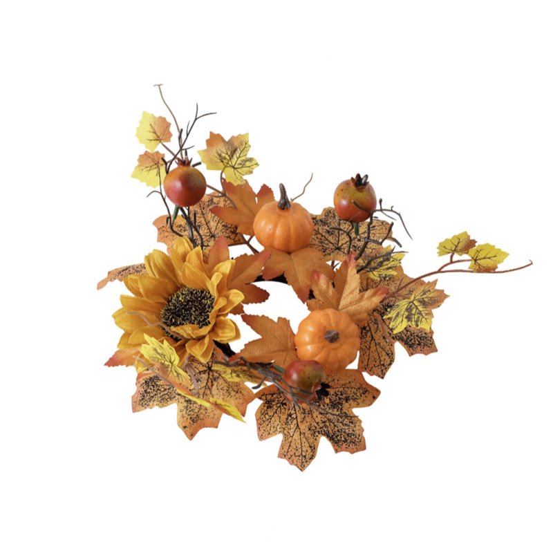 Autumn Pumpkin Maple Leaf Candle Ring Wreath - Fall Harvest Table Decor - Variation A