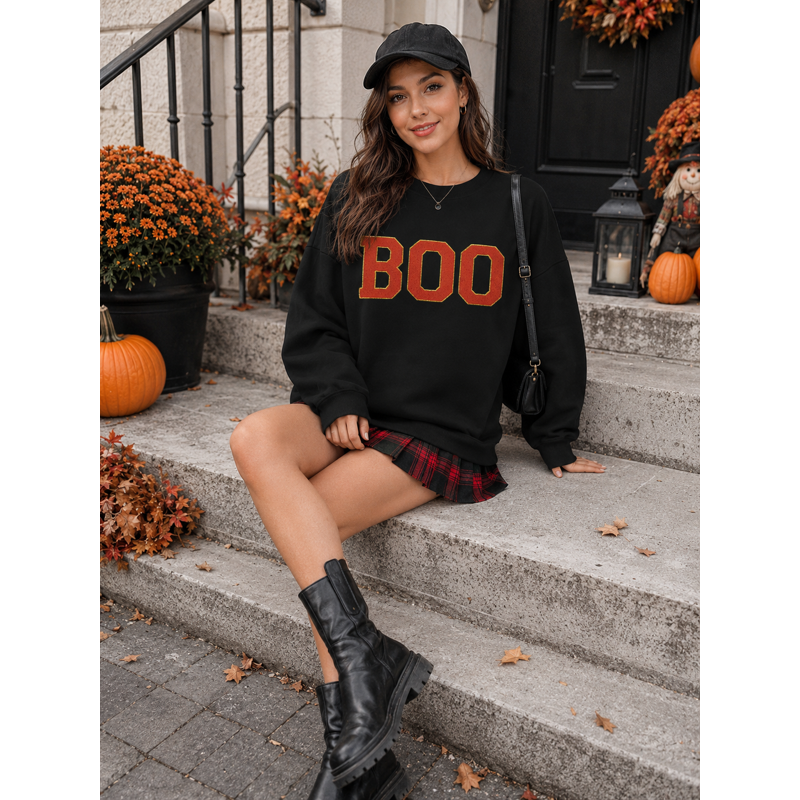 Black XXL Halloween Sweatshirt for Women Boo Embroidered Spooky Season Pullover