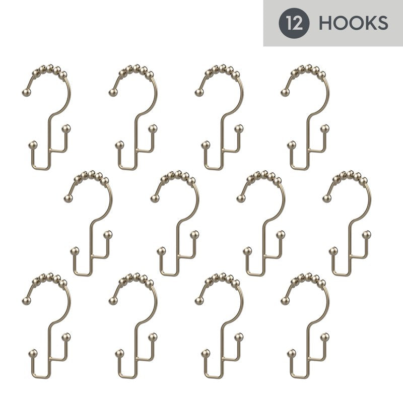 Satin Nickel Double Shower Hooks Set - Rustproof Easy Glide 12 Pack