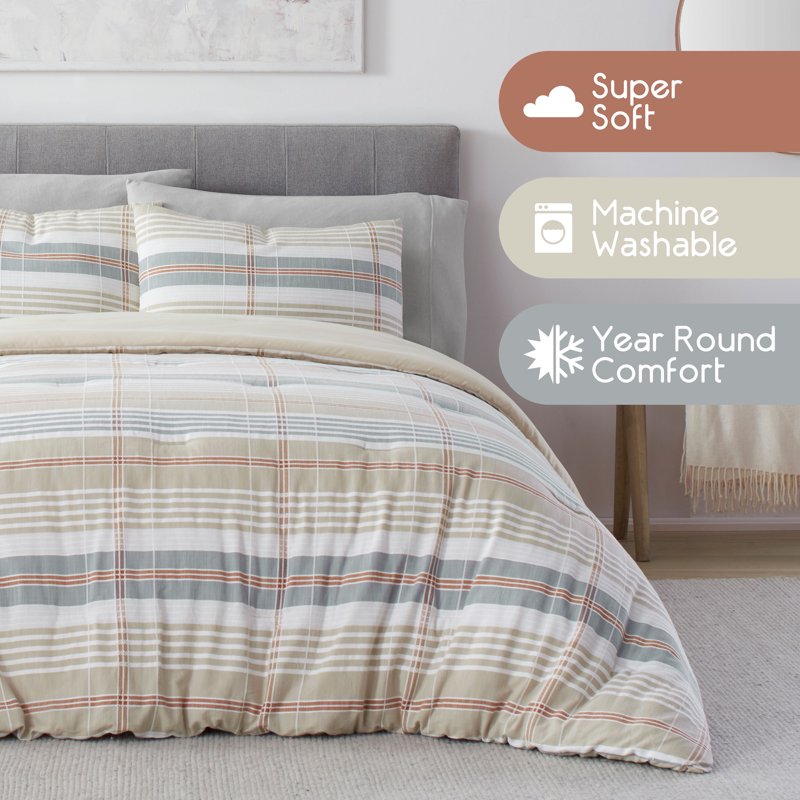 Vellux Oslo Plaid Comforter Set - Cotton King Size Taupe 3-Piece