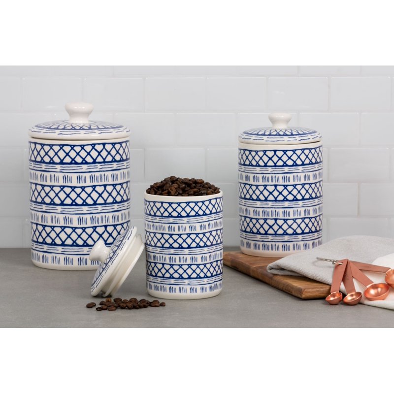 Ceramic Canister Set - 3 Pieces with Bamboo Lids - White & Blue