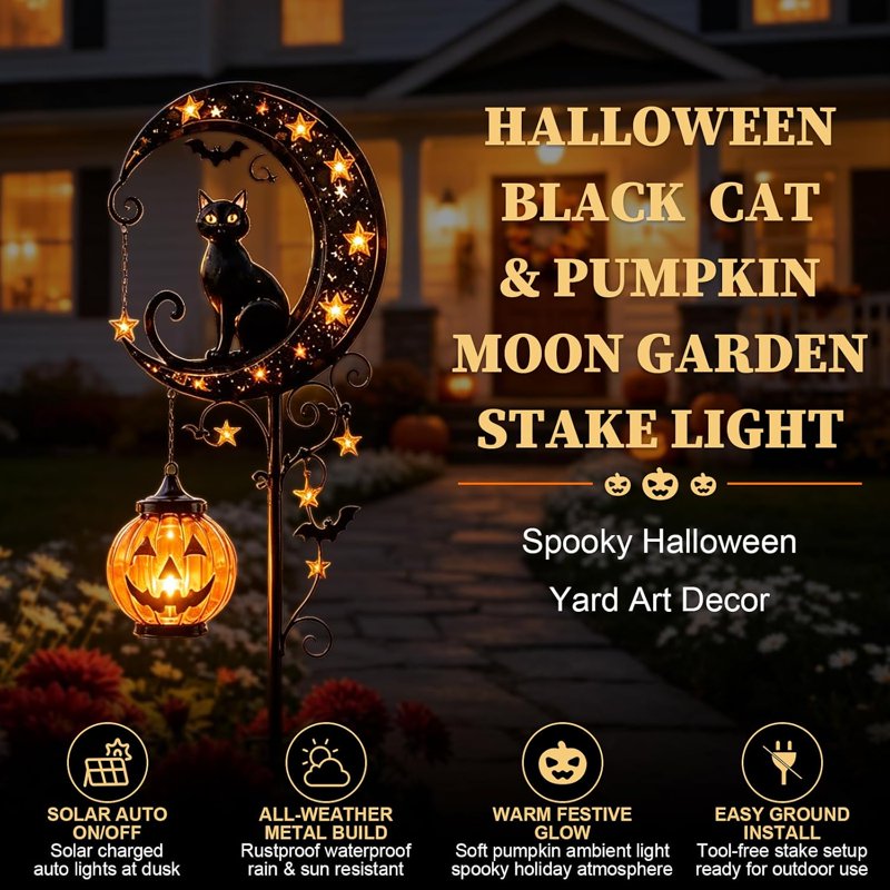 Solar Halloween Black Cat & Pumpkin Moon Garden Stake Light - Waterproof Metal Decor - Variation A