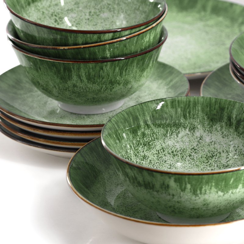 16 Piece Porcelain Double Bowl Dinnerware Set - Green