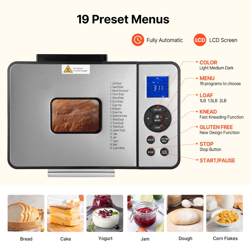 Automatic Bread Maker with 19 Programs - 2LB Capacity