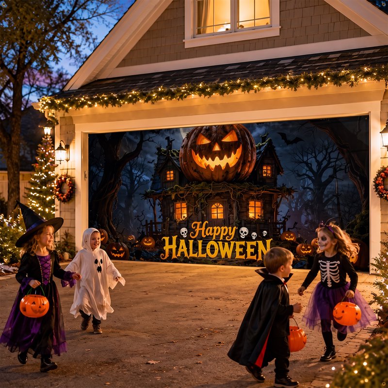 Halloween Garage Door Banner - Haunted Pumpkin Manor 16 x 7 ft Outdoor Halloween Decoration