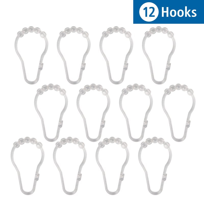 Clear Shower Curtain Rollerball Hooks Set of 12 - Easy Gliding Bathroom Accessories