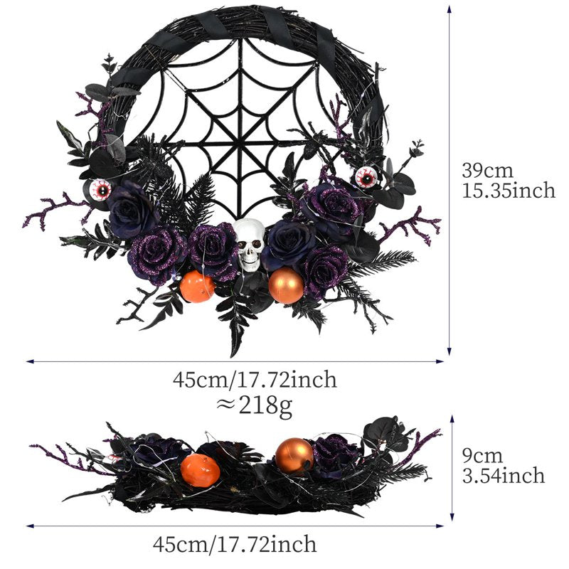 Halloween Wreath Front Door Decoration 18-Inch Artificial Skull with Pumpkin Spider Lights