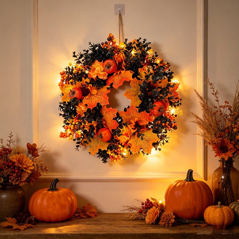 Fall Wreath for Front Door & Indoor Decor - Halloween & Thanksgiving - Variation E-9