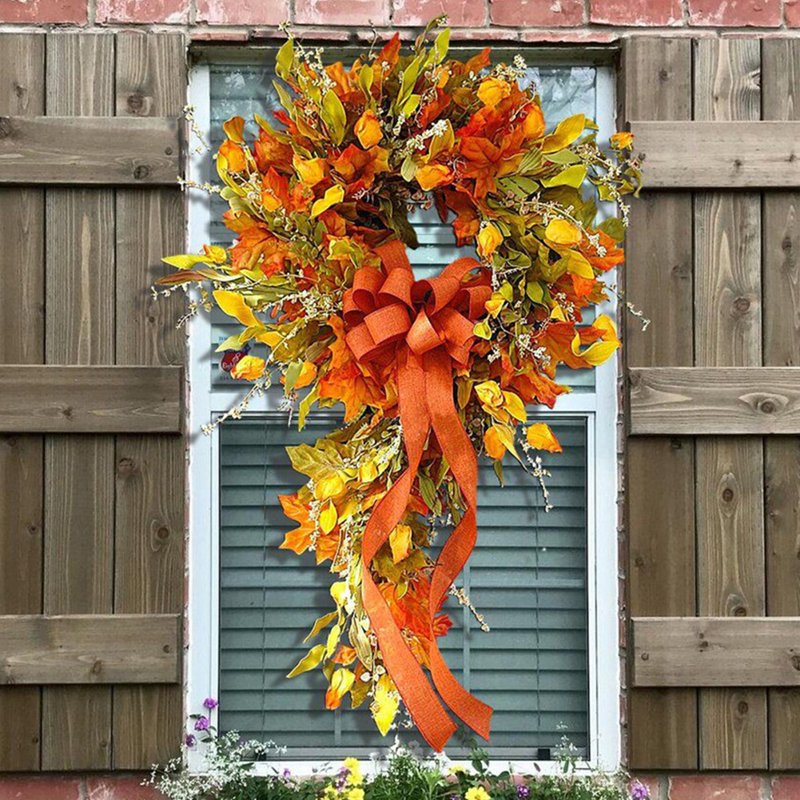 Fall Wreath for Front Door - Artificial Maple Leaves Halloween Christmas Harvest Decor 23.62"