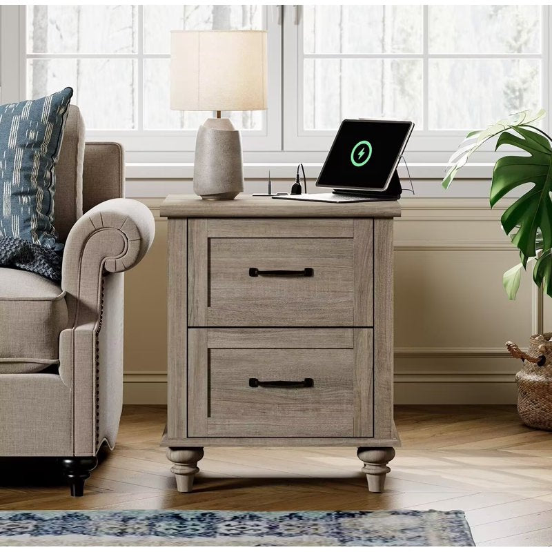 Grey Side Table with 2 Drawers and Charging Station