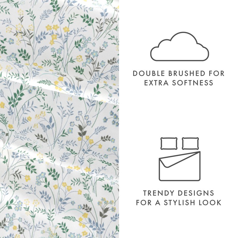 Twin Microfiber Bed Sheets Set with Wildflower Pattern - Light Blue