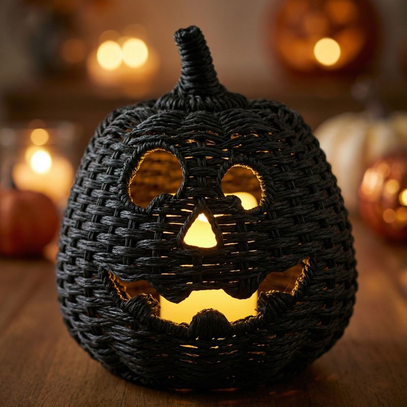 Halloween Woven Pumpkin Jack-O'-Lantern Decor - 10-Inch B - Black Fall Indoor Ornament