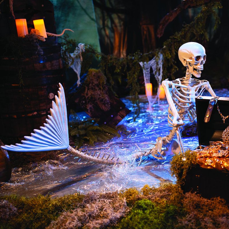 Life Size Mermaid Skeleton Halloween Decor – Outdoor Indoor Plastic Skeleton Statue