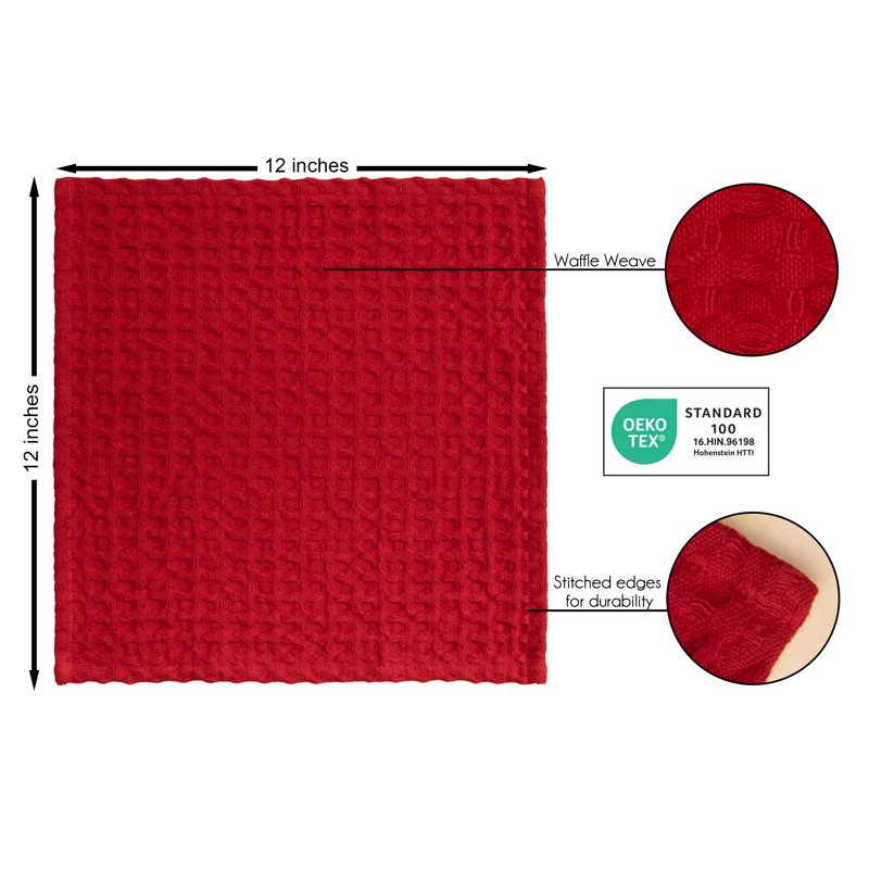 100% Cotton Waffle Dishcloths Set - 4 Pack, Red