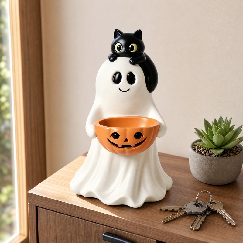 Halloween Ghost Pumpkin Candy Bowl - Cute Resin Spooky Treat Jar, Variation #021