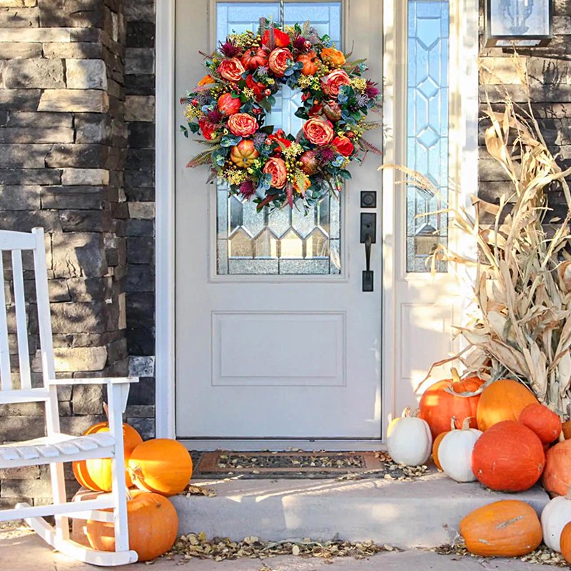 Autumn Pumpkin & Peony Wreath for Front Door - Fall Harvest Decor 15.74"