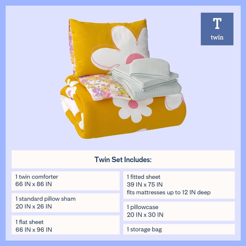 Kids Daisy Reversible Comforter Set with Sheets - Twin Bed, 5 Pieces